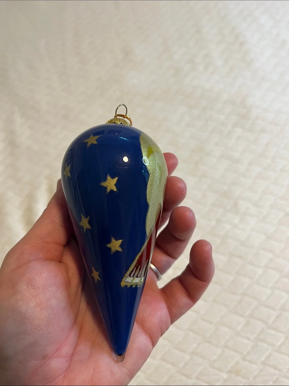 Pier 1 Christmas Angel Blue and Gold Hand-Painted Teardrop Holiday Ornament